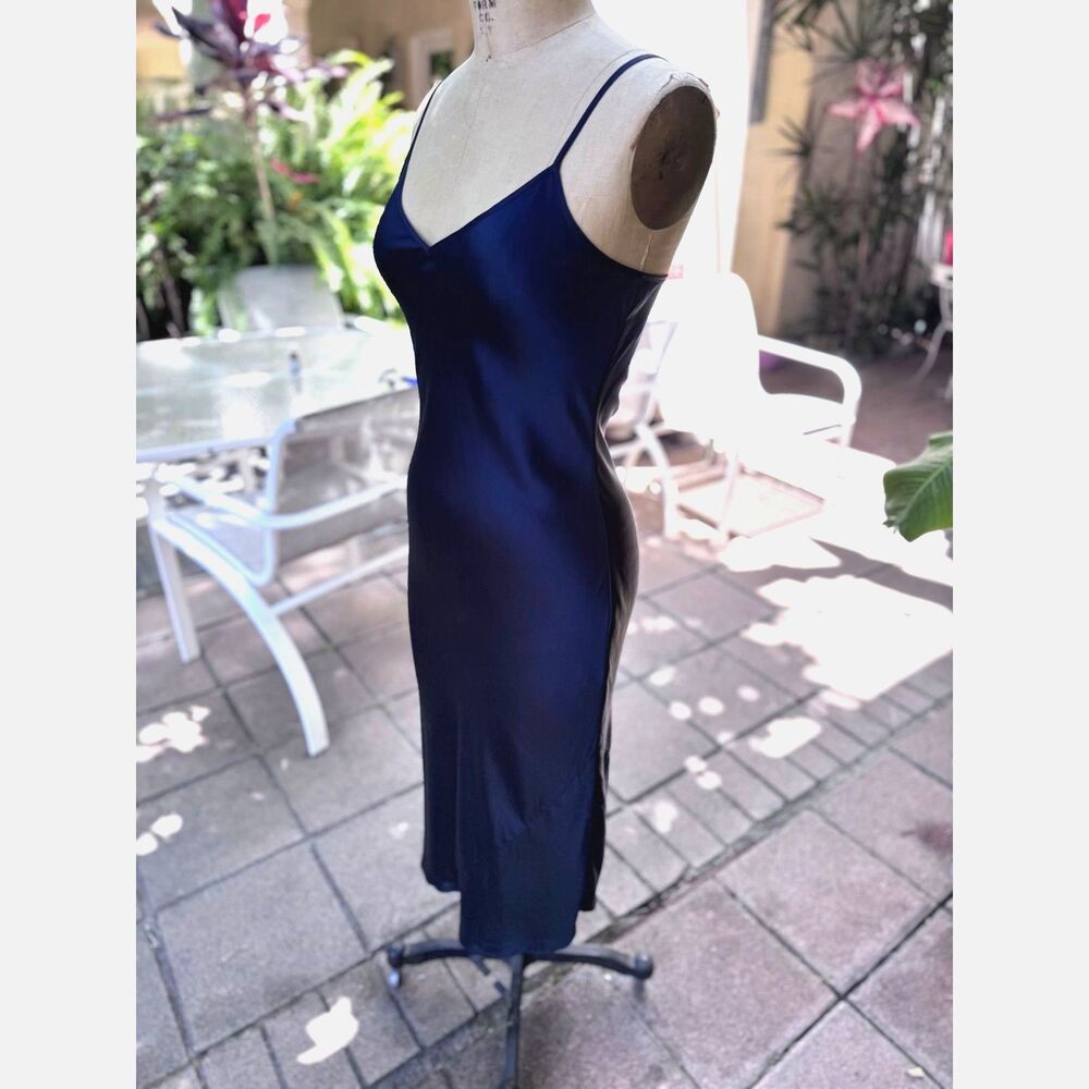 Quince 100% Washable Silk Satin Royal Navy Draped Slip Midi Dress SZ S Bias Cut - Picture 7 of 13
